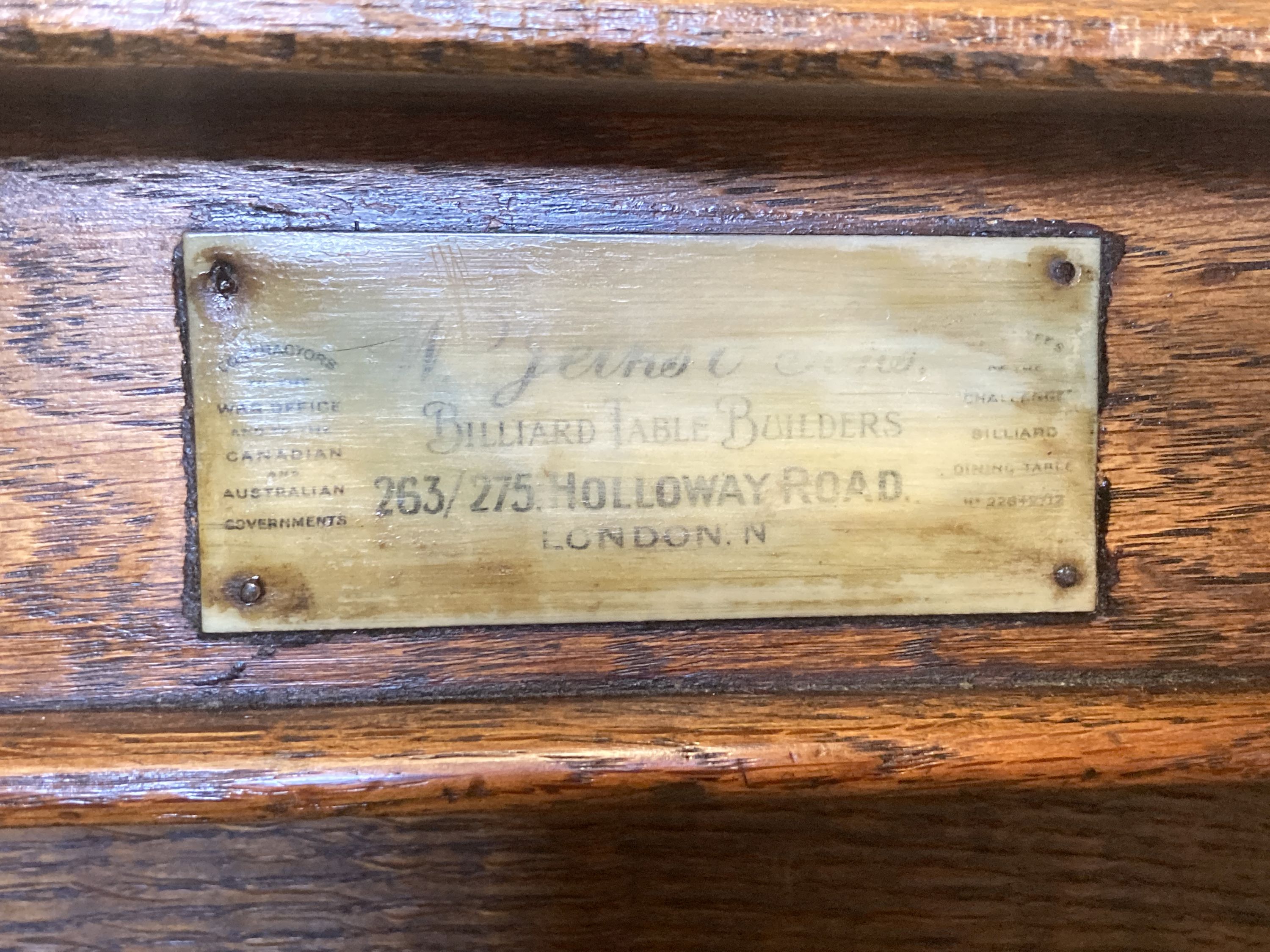 An early 20th century oak Jelks & Son snooker/dining table with full accessories, length 200cm, depth 102cm, height 79cm